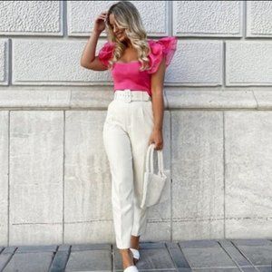 ZARA blogger fav Wide Leg Belted Pants Cream